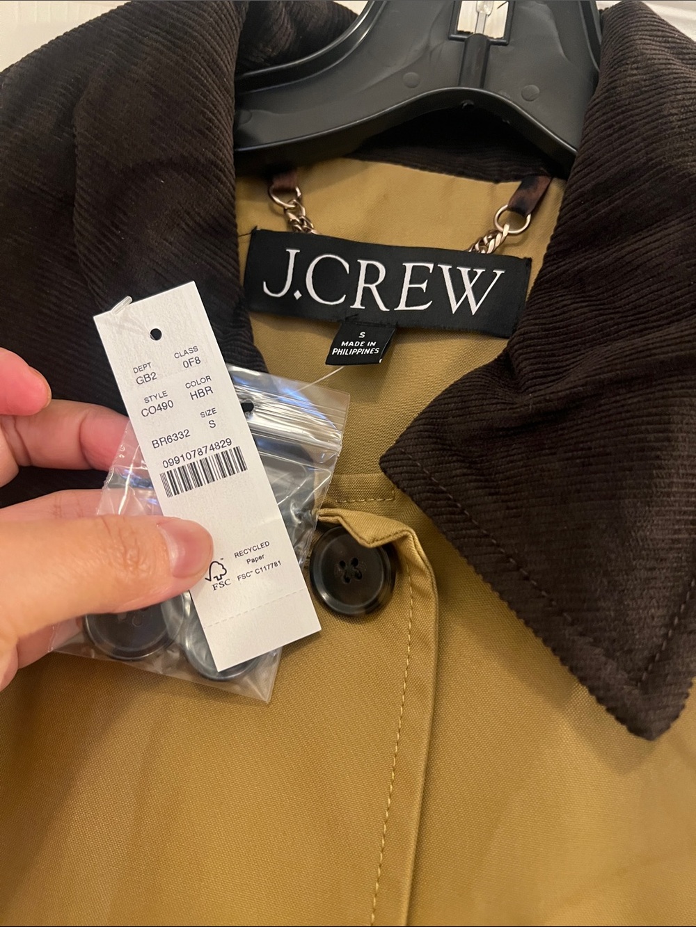 NWT J. Crew Women's Barn Jacket in cotton canvas w/ Dark Brown Collar, sz Small - Picture 7 of 9